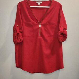 Calvin Klein Solid Red Blouse Long Roll Tab Sleeve Gold Zip Up V-Neck Sz L